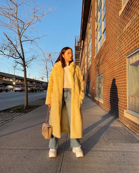 long yellow faux fur coat with denim jeans Spring Fluffy Faux Fur Coat, Yellow Fur Coat Outfit, Fur Coat Outfit Winter, Fall Long Single-breasted Fur Coat, Fall Single-breasted Long Fur Coat, Yellow Fur Coat, Colorful Faux Fur Coat, Yellow Faux Fur Coat, Winter Nyc