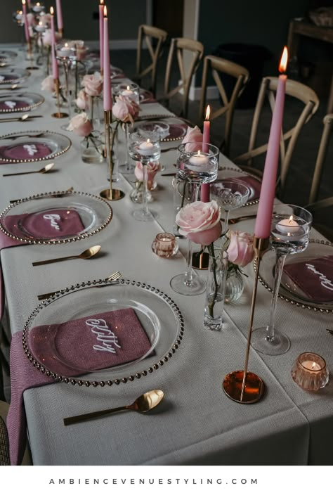 Contemporary design for those wanting to have a pink colour palette for their wedding or event. Tonal styling really brings this design to life with the added texture of the luxurious table linen. @ambiencenorthyorkshire @eilishlouisephotography @hutton_wandesley_stables Pink And Gold Tablescape, Elegant Table Settings Classy, Pink And Gold Table Setting, Table Setting Spring, Gold Tablescape, Candlelight Wedding, Tablescape Design, Pink Colour Palette, Wedding Table Inspiration