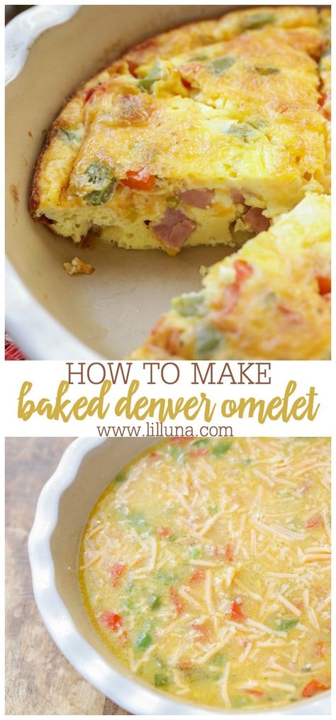 This thick and delicious Denver omelet is stuffed with melty cheese, ham, mushrooms, onions, and bell pepper! It's baked to perfection. #bakeddenveromelet #bakedomelet #stuffedomelet #omeletrecipe #denveromelet Omelet Casserole Oven Baked, Chili Omelet Recipe, Oven Baked Denver Omelet, Oven Omelet, Denver Omelet, Spring Onion Omelette, Fridge Ideas, Baked Omelet, Egg Bakes