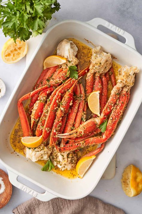 How To Cook Crab Legs In The Oven, Easy Crab Legs How To Cook, Crab Legs Baked, Fresh Crab Recipes Dinners, Crab Legs How To Cook Ovens, Spicy Crab Legs Recipe, Sheet Pan Crab Boil, Crab Legs And Steak Dinner, Baking Crab Legs Oven