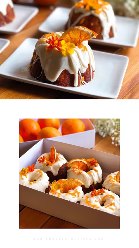 Orange Mini Bundt Cakes, Orange Bundt Cake Decoration, Cake For Sale Ideas, Decorative Bundt Cakes, Beautiful Mini Cakes, Orange Mini Cake, Bundt Cake With Flowers, Thanksgiving Mini Cakes, Mini Orange Cake