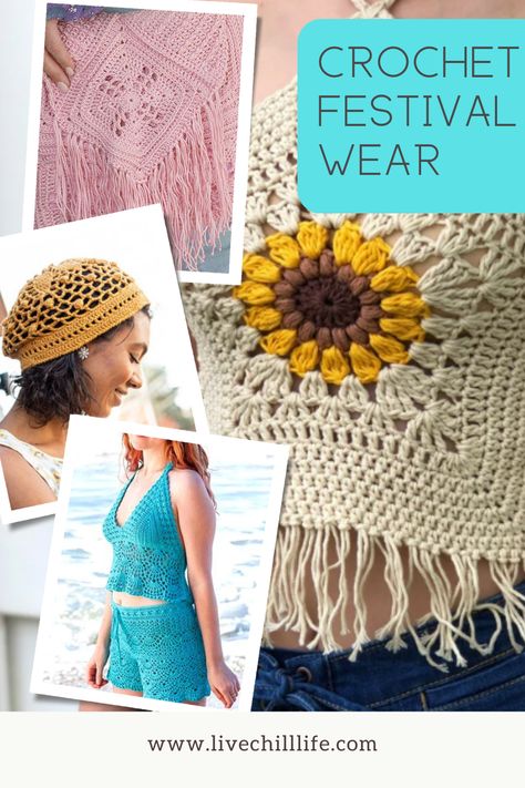 Festival wear is more than crochet tops! Look at all the crochet ideas to show off your festival style this summer! Knitted Festival Outfit, Festival Crochet Pattern, Chill Life, Crochet Festival Top, Festival Crochet, Crochet Festival, Crochet Business, Crochet Shorts, Festival Style