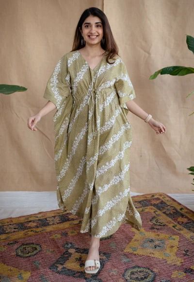 Buy Cotton Kaftan Dress Online At Best Prices | The Indian Ethnic Co – THE INDIAN ETHNIC CO. Silk Kurtas, Cotton Kaftan Dress, Kaftans Dresses, Kalamkari Fabric, Kaftan Dresses, Cotton Kaftan, Holiday Wear, Night Wear, Kaftan Dress