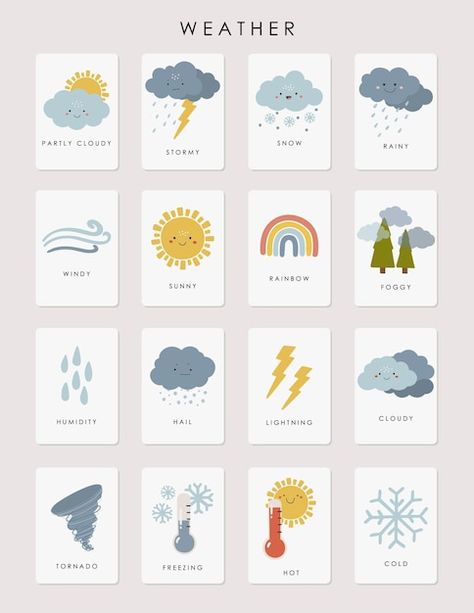 Weather For Kindergarten, Flashcard Design, Weather Illustration, Daily Routine Chart For Kids, Kids Branding Design, Flash Card Template, Weather Cards, Emotions Cards, Children Education