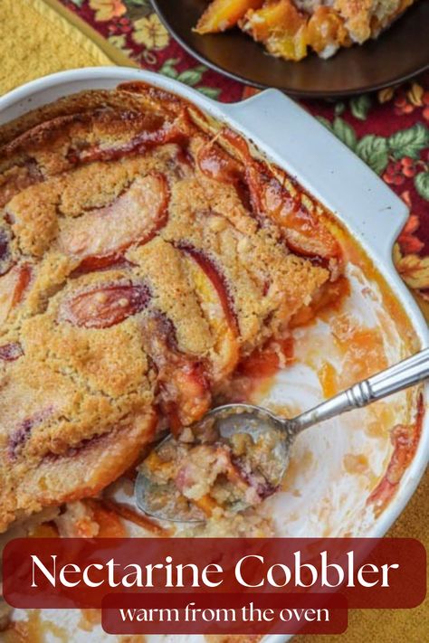 Our nectarine topping is crunchy on top and like a biscuit soaking in the nectarine sauce underneath. So good! Nectarine Sauce, Nectarine Recipes Healthy, Nectarine Cobbler, Nectarine Recipes, Cobbler Crust, Cobbler Topping, Easy To Make Dinners, Vegetarian Bake, Stone Fruits