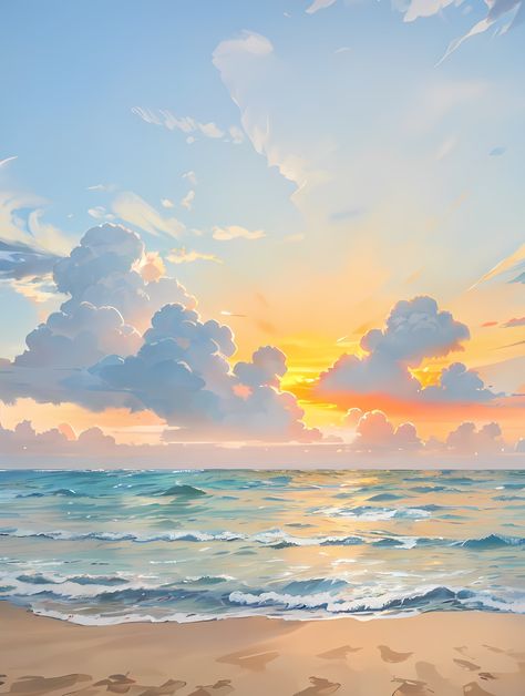 Beach Drawing Background, Beach Background Drawing, Sunrise Sky Painting, Beach Sunset Drawing, Sunrise Drawing, Hawaii Painting, Beach Drawing, Drawing Wallpaper, Background Drawing