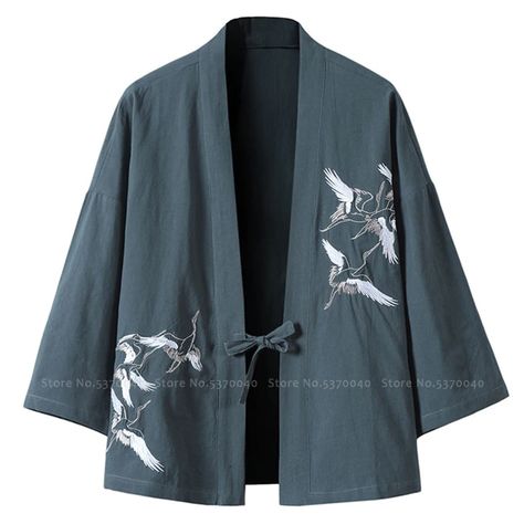 Crane Embroidery, Kimono Outerwear, Kimono Robes, Men Jackets, Black Kimono, Estilo Hip Hop, Casual Cardigans, Kimono Style, Hip Hop Streetwear