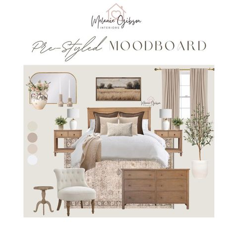 If you're beginning a design project and having trouble creating a cohesive vision for your space, a moodboard crafted by an interior designer is the perfect starting point. In this pre-styled Farmhouse bedroom moodboard, every design element from the color pallet, to the furniture, to the artwork, to the decor have been expertly selected to create a beautiful and cozy space you'll love to live in. This premade design and shopping list with clickable links to everything in the moodboard makes it Muted Modern Farmhouse, Bedroom Vision Board Interior Design, Bedroom Decor 2024, Mixing Wood Tones Bedroom, Mix Match Bedroom Furniture, Large Master Bedrooms Decor, 10x10 Bedroom Layout, Cozy Beige Bedroom, Modern Country Bedroom