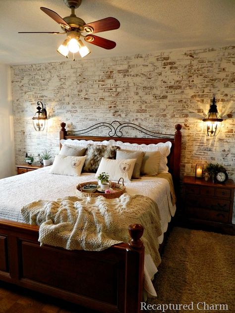 Bedroom Brick Wall, Brick Wall Bedroom, German Smear, Kids Bedroom Remodel, Guest Bedroom Remodel, Faux Brick Panels, Affordable Bedroom, Wall Paneling Diy, Faux Brick Walls