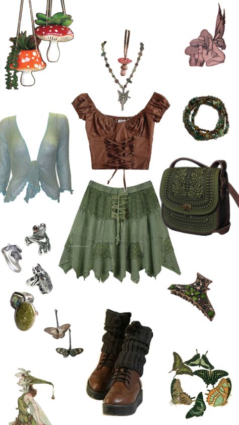 fairycore aesthetic Outfit fairy outfit, mushroom, green pixie, jewellery, hippie, boho, fairy grunge Fairycore Mushroom, Cottagecore Aesthetic Outfits, Cottagecore Fits, Mushroom Outfit, Fairycore Outfit, Pixie Skirt, Earthy Aesthetic, Book Week Costume, Earthy Outfits