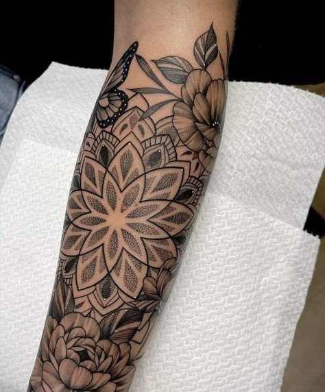 Mandala Sleeve Filler, Floral Arm Tattoos For Women Forearm, Realism Sleeve Tattoo Women, Forearm Tattoo Women Sleeve Mandala, Mandala Sleeve Tattoo Women, Mandala And Flower Tattoo Sleeve, Forearm Tattoo Women Sleeve, Mandala Tattoo Sketch, Elbow Mandala Tattoo