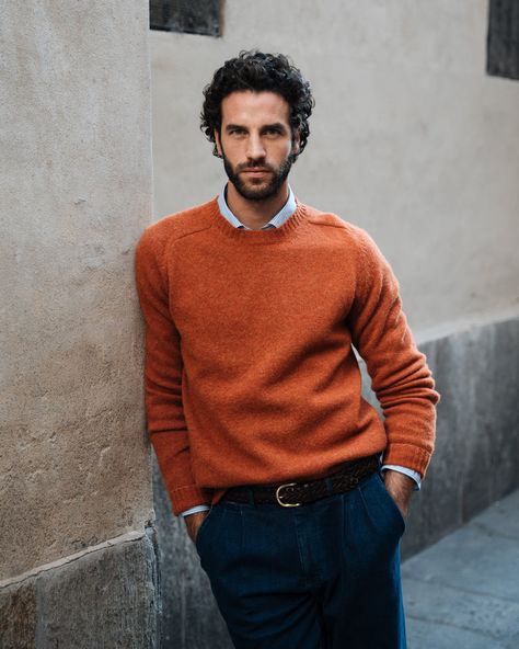 Orange Sweater Outfit Men, Burnt Orange Sweater Outfit, Orange Sweater Outfit, Photography Studio Decor, Sweater Outfits Men, Burnt Orange Sweater, Sweater Handmade, Wool Sweater Men, Hot Sweater