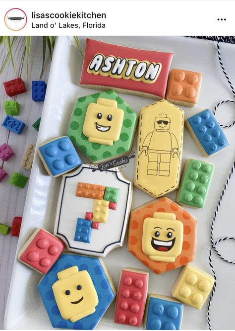 Lego Birthday Cookies Decorated, Lego Themed Cookies, Lego Cookies Royal Icing, Lego Birthday Cookies, Lego Cookies Decorated, Lego Desserts, Lego Sugar Cookies, Lego Cookies, Cookie Birthday