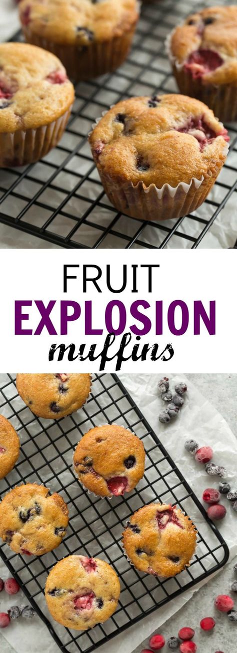 Fruit Explosion Muffins Recipe, Fruit Explosion Muffins, Strawberry Blueberry Muffins, Fruit Explosion, Strawberry Recipes Easy, Low Sugar Jam, Muffin Flavors, Fruit Muffins, Strawberries And Blueberries