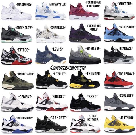 All Air Jordan Shoes List, What The Jordan 4, Sneaker Head Shoes, Jordan 4 What The, Cool Shoes Nike, Retro 4’s, Nike Shoes Names, Types Of Jordans, Types Of Nike Shoes