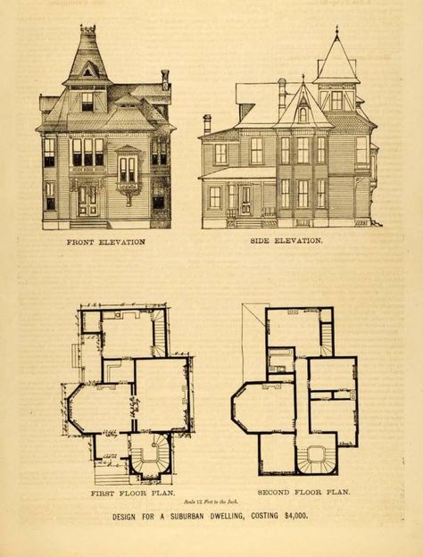 1878 Print Victorian Suburban House Architectural Design Floor Plans D MAB1 Small Victorian House Plans, Victorian Homes Floor Plans, Historical House Plans, Victorian House Floor Plans, Small Victorian House, Victorian Floor Plans, Victorian House Plan, Victorian House Plans, Victorian Style House