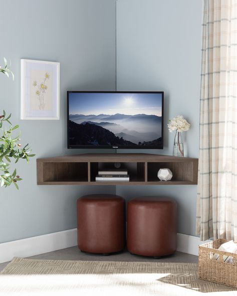 Ebern Designs French Floating Corner TV Stand for TVs up to 55" & Reviews | Wayfair Corner Tv Unit Bedroom, Floating Corner Tv Stand, Corner Tv Console, Corner Tv Cabinets, Wall Mounted Media Console, Bedroom Tv Wall, Small Condo, Floating Tv Stand, Floating Tv