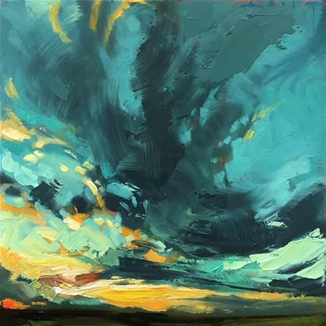 Big Sky Paintings, Chris Long Paintings, Gouache Sky Painting, Blue And Yellow Landscape Painting, Sky Oil Painting Cloud, Soft Pastel Art, Palette Art, Western Paintings, Cloud Painting