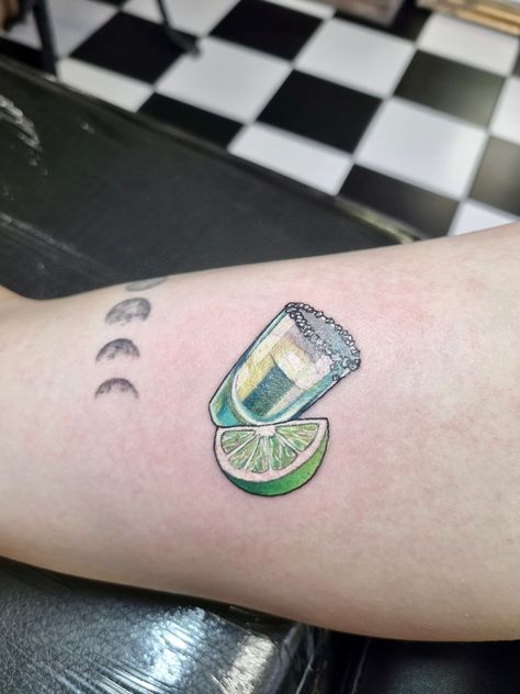 Alcoholic Drink Tattoo, Don Julio Tattoo, Tequila Tattoo Friends, Salt And Lime Tattoo, Tequila And Lime Tattoo, Bartender Tattoo Ideas For Women, Drink Tattoo Ideas, Margarita Tattoo Drinks, Tequila Bottle Tattoo