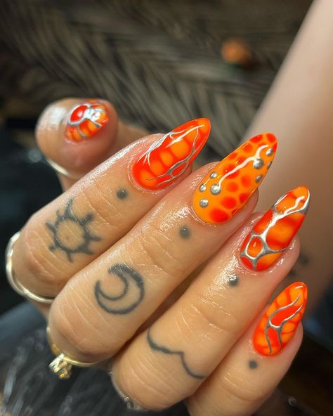 Anarchy Nail Art | Client - “Do whatever you want” OBSESSED 🔥 @nailorder medium almond Xtensions @the_gelbottle_inc blooming gel, gel polish & chrome paint | Instagram Melting Nail Design, Nail Inspo Creative, Super Colorful Nails, Blooming Gel Almond Nails, Chrome Blooming Gel Nails, Orange Blooming Gel Nails, Crazy Fun Nails, Summer Nails Blooming Gel, Fun Colorful Nail Designs