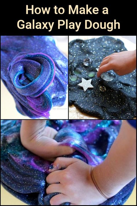 Make this beautiful, sparkly, stretchy play dough that looks just like the swirls of a galaxy, and keep your kids entertained for hours! Night Sky Playdough, Galaxy Playdough Recipe, Galaxy Activity For Preschool, Space Art And Craft For Preschool, Galaxy Diy Crafts, Eclipse Art For Kids, Moon Playdough, Space Kindergarten Activities, Space Dough