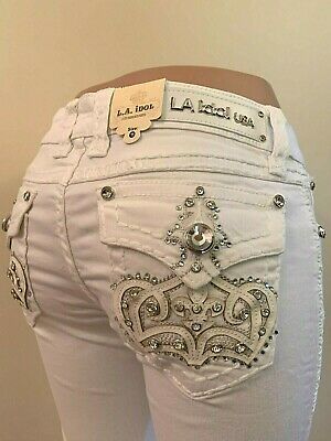 LA IDOL SIZE 11 WHITE JEWELED CROWN SKINNY JEANS 5173... Plus Size Cybery2k, White Y2k Outfit, White Jeans Y2k, Jeans With Jewels, Mc Bling, White Y2k, White Jeans Outfit, White Capris, Trashy Y2k