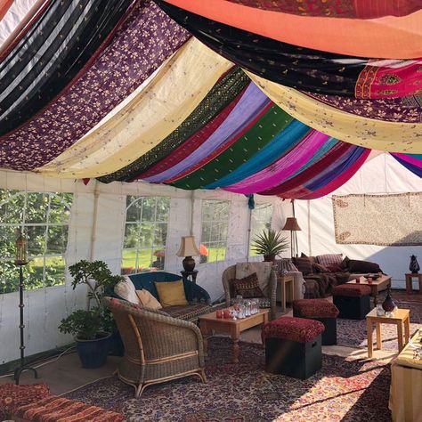 Boho Fabric Ceiling, Fabric Ceiling Boho, Update Patio, Festival Tent Ideas, Meditation Tent Outdoor, African Airbnb, Hippie Backyard, Fairy Tent Canopies, Upcycle Tent Fabric