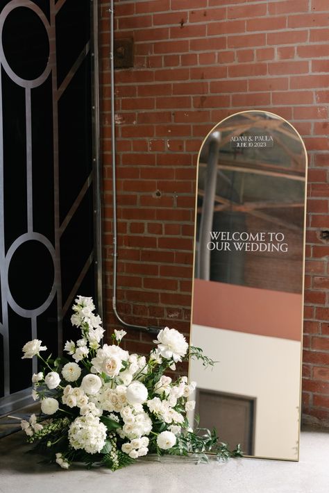 Floor Mirror Welcome Sign, Mirror Signage, Mirror Wedding Signs, Wedding Welcome Table, Wedding Mirror, Wedding Entrance Decor, Flower Installation, Wedding Entrance, Wedding Decor Style