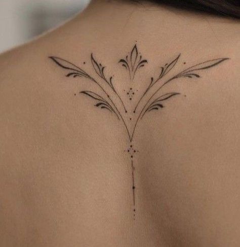 Small Chest Ornament Tattoo, Ornamental Spine Tattoos For Women, Ornamental Tattoo Back Woman, Nape Tattoo Women, Ornamental Spine Tattoos, Bohemian Tattoos For Women, Back Spine Tattoo Women, Women Chest Tattoo Classy, Small Sternum Tattoo Women