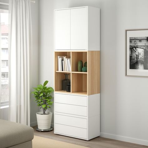 EKET Storage combination with feet, white, white stained oak effect, Length: 27 ½" - IKEA Eket Ikea, Wall Mounted Shelving Unit, Ikea Eket, Flexible Furniture, Dining Room Cabinet, Painted Drawers, Stained Oak, White Stain, Ceramic Wall Tiles