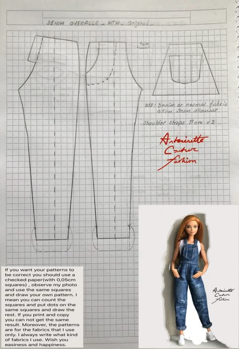 Barbie Overalls Pattern, Clothes For Barbie Dolls, Barbie Clothing Patterns, Barbie Clothes Template, Fashion Dolls Couture, Barbie Overalls, Barbie Doll Sewing Patterns Free, Barbie Patterns Sewing, Barbie Sewing