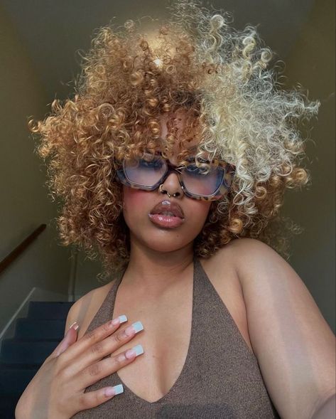 Natural Hair With Blonde Tips, Kiss Hair Dye, Short Afro Dyed Hair, Black Woman Hair Color Ideas, Skunk Stripe Natural Hair, Color Curly Hair, Color Locs, Locs Ideas, Soul Hair