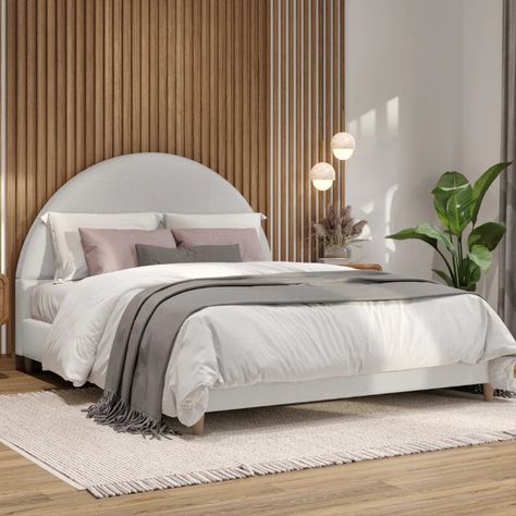 This bed frame and its arch-shaped headboard are upholstered in a soft and durable creamy white boucle fabric, adding a touch of warmth and uniqueness to your bedroom decor. Its versatile style effortlessly complements modern or boho-themed decors, making it a perfect addition to any bedroom. The bed frame features natural solid wooden legs, ensuring stability and durability for years of use all while adding a minimalist, airy look to the bed. No box spring needed and it's easy to assemble. Boucle Bed Frame, Boucle Bed, Low Bed Frame, White Bed Frame, Arched Headboard, Bed Frame Design, Curved Headboard, Low Bed, Full Bed Frame