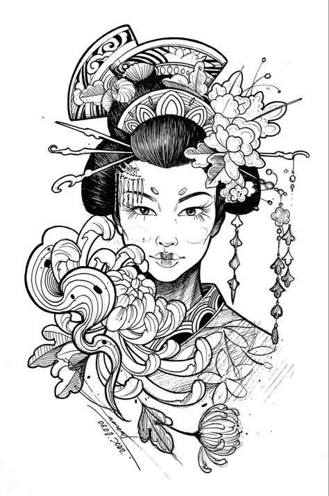 Geisha Mask Tattoo Design, Geisha Coloring Pages, Tattoo Designs Floral, Tattoo Designs Skull, Tattoo Designs Black And White, Tattoo Designs Watercolor, Tattoo Designs Mandala, Tattoo Designs Traditional, Tattoo Designs Japanese