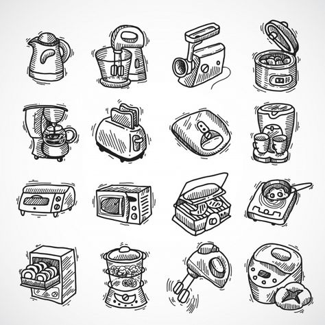 Kitchen Equipment Logo, Electric Objects, Structural Drawing, Kitchen Drawing, Appliances Design, Modern Womens Fashion, Wallpaper Doodle, Kitchen Machine, Kitchen Utilities