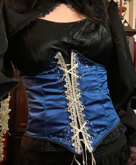 Blue satin corset available on my depop! - - - - - - #corset #handmade #whimsigoth #celestial Blue Corset Top Outfit, Dark Blue Corset, Corset Handmade, Blue Corset Top, Corset Top Outfit, Blue Corset, Satin Corset, Top Outfit, Blue Satin