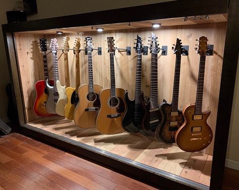 Guitar Storage Cabinet, Guitar Display Case, Guitar Shelf, Music Room Design, Guitar Storage, Guitar Display, Home Music Rooms, Guitar Rack, Guitar Room