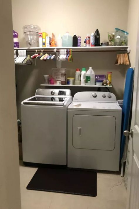 How to make over laundry room for cheap. Quick and easy laundry room upgrade. Doing laundry can be fun with this DIY room makeover on a budget. #laundryroom #makeover #diy Cheap Small Laundry Room Makeover Diy, Cheap Diy Laundry Room Makeover, Cheap Easy Laundry Room Makeover, Upgrade Laundry Room, Renter Friendly Laundry Room Makeover, Simple Laundry Room Ideas Small Spaces, Cheap Laundry Room Makeover Diy, Laundry Room Makeover On A Budget, Cheap Laundry Room Makeover