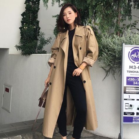 7949e456002b28988d38185bd30e77fddesc49230755ri Trench Coats Women Long, Long Outerwear, Khaki Trench, Khaki Trench Coat, Trench Coat Outfit, Long Overcoat, Trench Coat Style, Long Trench, Long Trench Coat