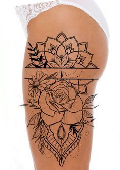 Thigh Tattoo Stencils For Women, Tight Tattoo, Tight Tattoos, Tattoo Pierna Mujer, Tattoo Bein Frau, Mandala Hip Tattoo, Front Thigh Tattoos, Thigh Henna, Thigh Piece Tattoos