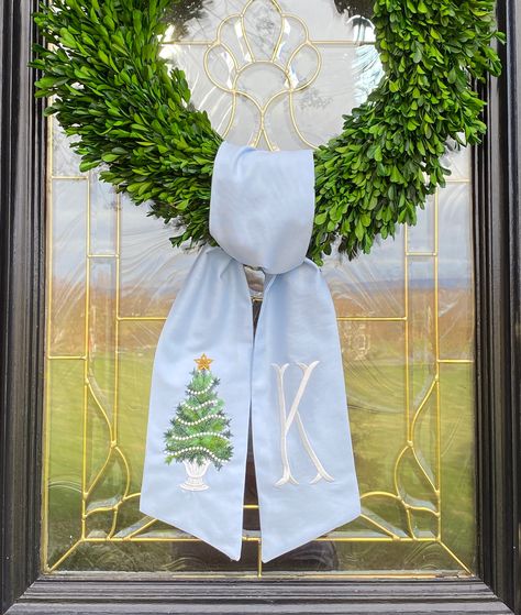 Chair Bows Wreaths Christmas, Blue And Green Exterior Christmas Lights, Bow Holding Wreath, Wreath Sash Christmas, Wreaths Behind Chairs, Monogram Christmas Wreaths, Monogrammed Christmas Door, Wreath Sash Sugar Plum Fairies, Monogram Wreath Scarf