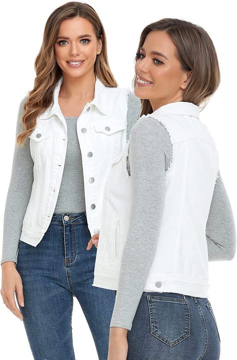 White Jean Jacket Outfits, White Jean Vest, Jean Vest Outfits, Denim Vest Outfit, White Denim Vest, Vest Outfits For Women, Crop Denim Vest, Sleeveless Jean Jackets, Womens Denim Vest