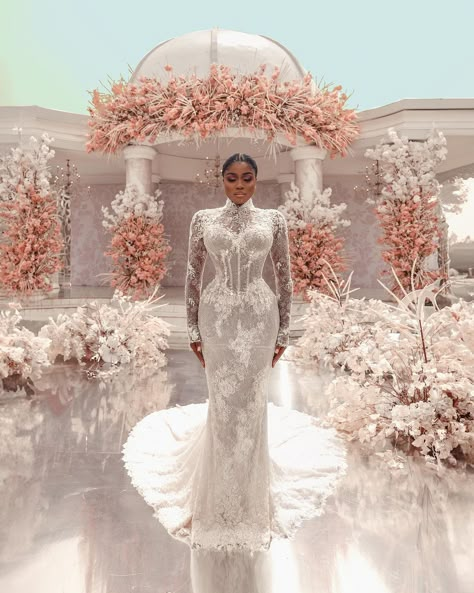 #LoveUnbeaten24: The Veekee James and Femi Wedding – Style Afrique Turtleneck Wedding Dress, Veekee James, Wedding Dresses High Neck, Long Sleeve Mermaid Wedding Dress, Dresses High Neck, Glam Wedding Dress, Visionary Fashion, High Neck Wedding Dress, Boho Bridal Gowns