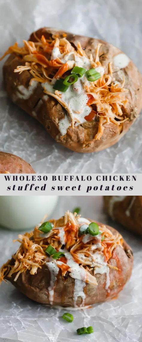 Loaded Sweet Potato With Chicken, Baked Sweet Potato Meal Prep, Bbq Chicken Stuffed Sweet Potato, Buffalo Chicken Sweet Potato, Buffalo Chicken Stuffed Sweet Potatoes, Buffalo Chicken Recipe, Slow Cooker Buffalo Chicken, Shredded Buffalo Chicken, Crockpot Buffalo Chicken