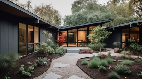 Med Century House, Mid Mod House Exterior, Mcm Yard Ideas, Mid Century Modern Addition, Mid Century Forest House, Mid Century Modern Home Exteriors, Mid Century Ranch Landscaping, Black Mid Century House Exterior, Modern Eclectic House Exterior