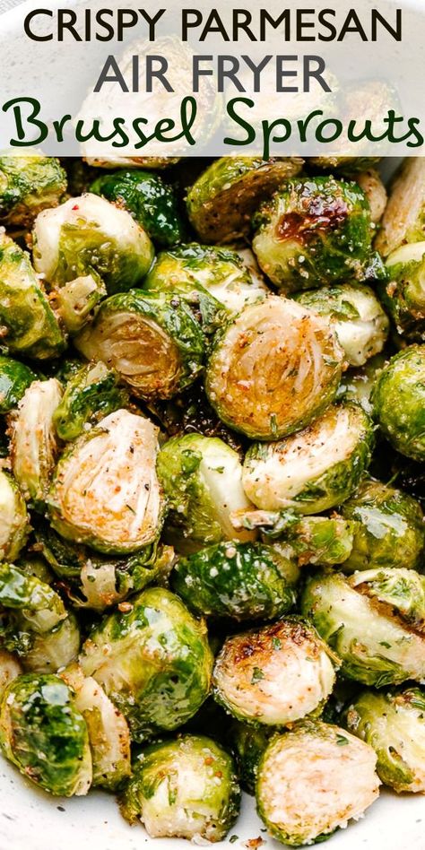 The best way to make the crunchiest Brussel Sprouts is to AIR-FRY them! These are truly crispy and have the best crunch. Tossed in just a bit of olive oil, pork panko bread crumbs, and parmesan cheese, Air Fryer Brussel Sprouts are absolutely delicious! #airfryer #brusselsprouts Air Fryer Brussel Sprouts, Filet Mignon Chorizo, Pork Panko, Fried Brussel Sprouts, Crispy Brussel Sprouts, Easy Vegetable Side Dishes, Air Fryer Oven Recipes, Sprout Recipes, Brussels Sprouts Recipe