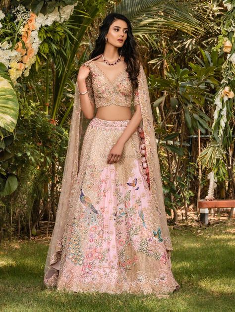 Pink raw silk lehenga with peacocks by Asopalav Asopalav Lehenga, Peacock Motifs, Raw Silk Lehenga, Mehendi Outfits, Organza Lehenga, Lehenga Online, Lehenga Choli Online, Choli Designs, Lehenga Skirt