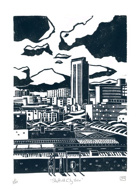 Linocut Buildings, Print Linoleum, Lino Carving, Sheffield Art, Sheffield City, Lino Printing, Lino Prints, Park Hill, Lino Cut