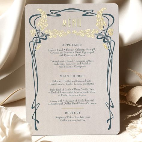 $4.2 | Menu Card Vintage Art Nouveau Teal Gold Foil - wedding menus, menu cards, elegant wedding menus, dinner wedding menus, vintage wedding menus, vintage menu wedding, dinner menus, marriage cards, gold foil menu, teal gold blue yellow Art Nouveau Card Design, Art Deco Stationary, Art Deco Menu, Art Nouveau Graphic Design, Art Nouveau Wedding Invitation, Art Deco Fonts, Elegant Wedding Menu, Deco Wedding Invitations, Art Deco Invitations