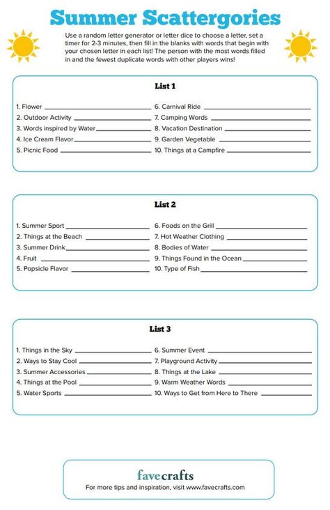 Celebrate summer with a fun activity for the whole family! All you need is this free printable, a timer, and a random letter generator to play! Summer Barbeque, Carnival Rides, Picnic Food, Ice Cream Flavors, Summer Sports, Game Time, Game Night, Campfire, Fun Activities